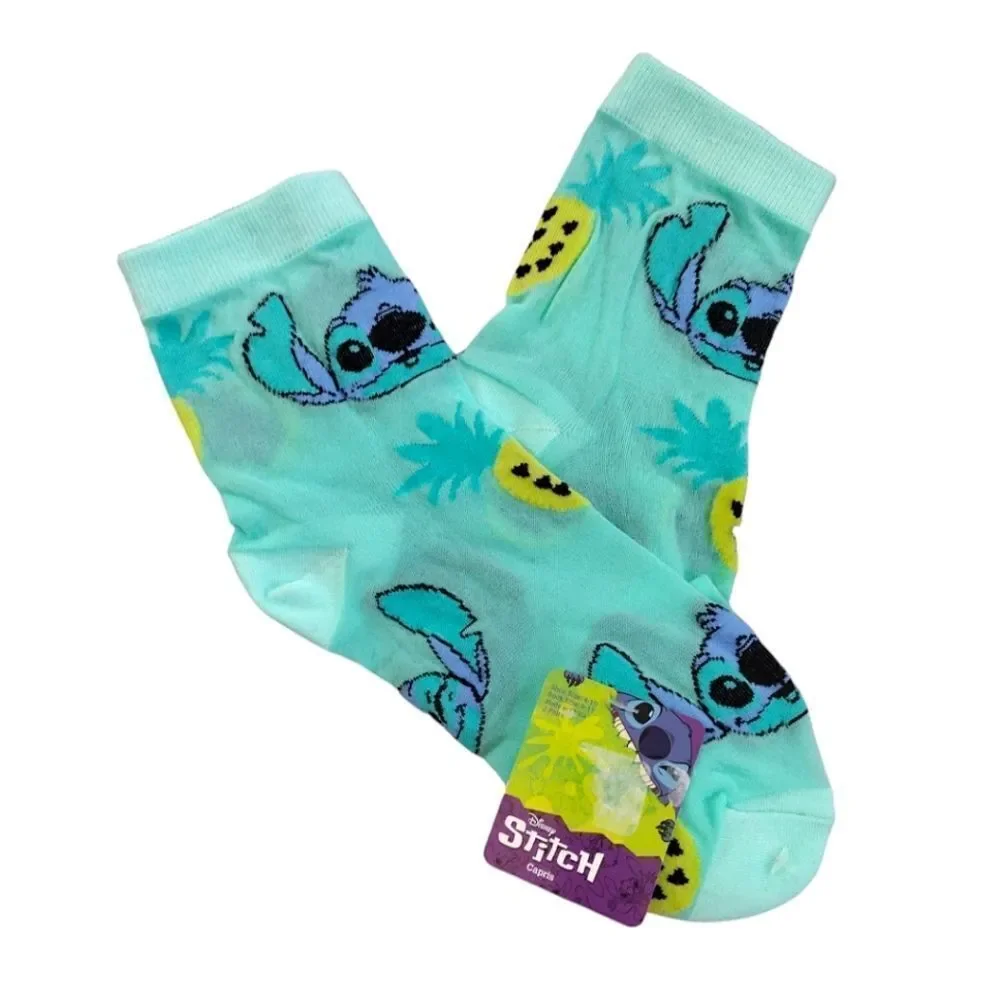 Disney Neon Stitch Prints 2 Pairs Nylon Mid Crew Capri Socks NWT